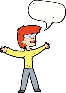 Bir insan tarafından çizilmiş konuşma balonlu gözlük takan çizgi film kadını.