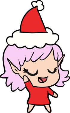 Bir insan tarafından çizilmiş Noel Baba şapkası takan elf bir kızın çizdiği mutlu el çizgisi.