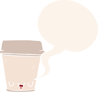 bir insan tarafından çizilmiş, konuşma baloncuklu çizgi film kahve fincanı.