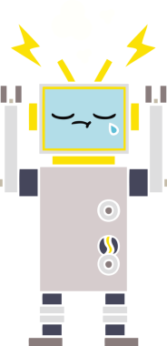 Bir insan tarafından çizilmiş ağlayan bir robotun düz renkli retro karikatürü