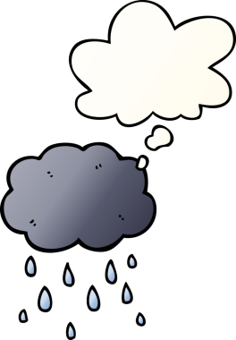 Karikatür bulutu yağmur gibi yağıyor. Düşünce baloncuğu bir insan tarafından çizilmiş gibi.