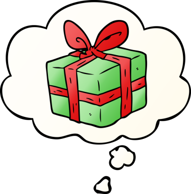 Bir insan tarafından çizilmiş, düşünce baloncuğuyla paketlenmiş çizgi film hediyesi.