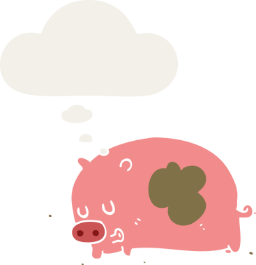 Bir insan tarafından çizilmiş düşünce baloncuklu şirin çizgi film domuzu.