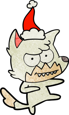 Bir insan tarafından çizilmiş Noel Baba şapkası giymiş sırıtan bir tilkinin el çizimi karikatürü.