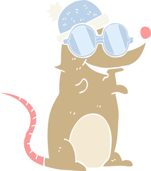 Bir insan tarafından çizilmiş gözlüklü ve şapkalı bir farenin düz renk çizimi