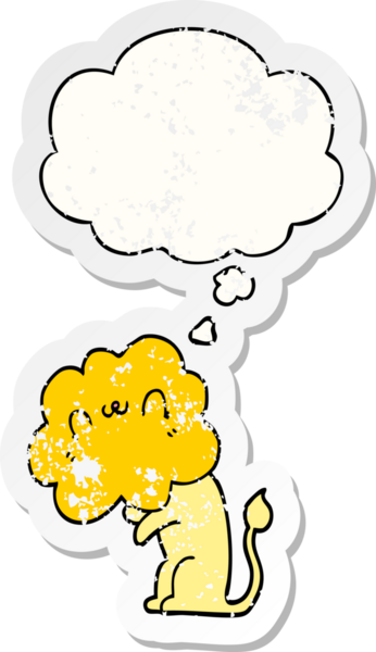 Düşünce baloncuğu olan çizgi film aslanı insan tarafından çizilmiş yıpranmış bir çıkartma.