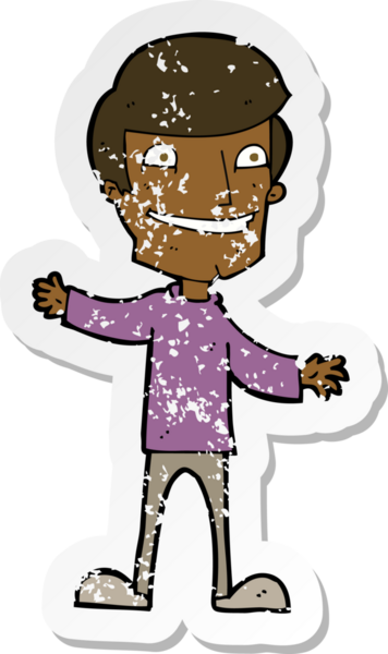 Bir insan tarafından çizilmiş sırıtan bir çizgi film karakterinin kederli retro yapıştırması.