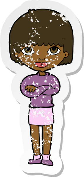 Bir insan tarafından katlanmış kolları olan karikatür bir kadının gerilmiş çıkartması.