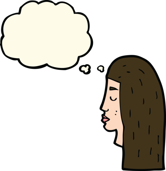 Bir insan tarafından çizilmiş düşünce baloncuklu kadın yüz profili.