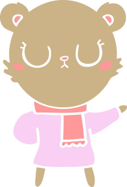 Huzurlu düz renkli çizgi film ayısı bir insan tarafından çizilmiş eşarp giyiyor.