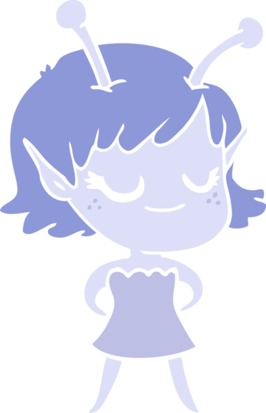 Gülümseyen uzaylı kız düz renkli çizgi film bir insan tarafından çizildi.