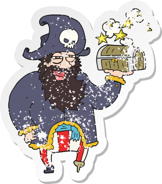 Bir insan tarafından çizilmiş hazine sandığı olan karikatür korsan kaptanı...