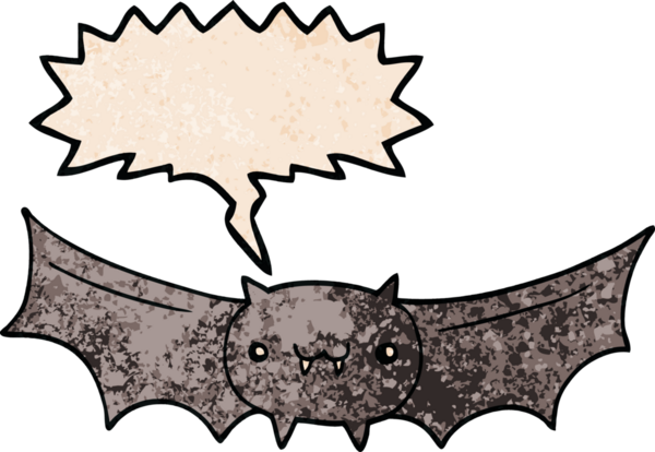 Bir insan tarafından çizilmiş eski tarz konuşma baloncuklu vampir yarasa çizgi filmi.