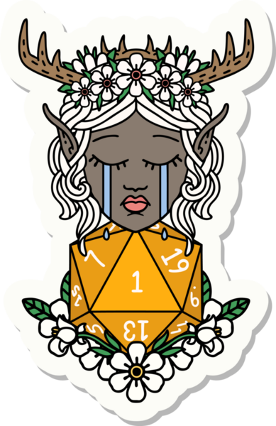 Ağlayan bir Elf Druid karakterinin çıkartması. İnsan tarafından çizilmiş doğal bir D20 ruloyla.