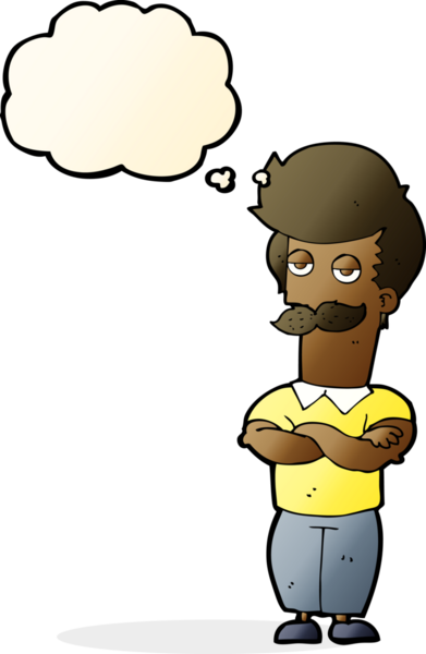 Bir insan tarafından çizilmiş düşünce balonlu bıyıklı kaslı adam.