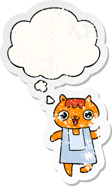 Düşünce baloncuğu olan çizgi film kedisi insan tarafından çizilmiş yıpranmış bir çıkartma.