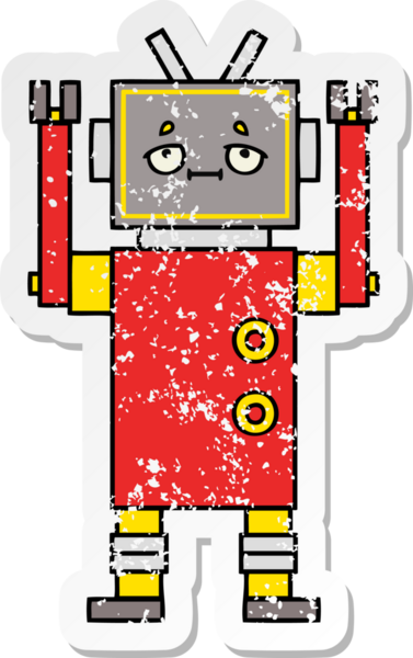 Bir insan tarafından çizilmiş sevimli bir robot çizgi film çıkartması.