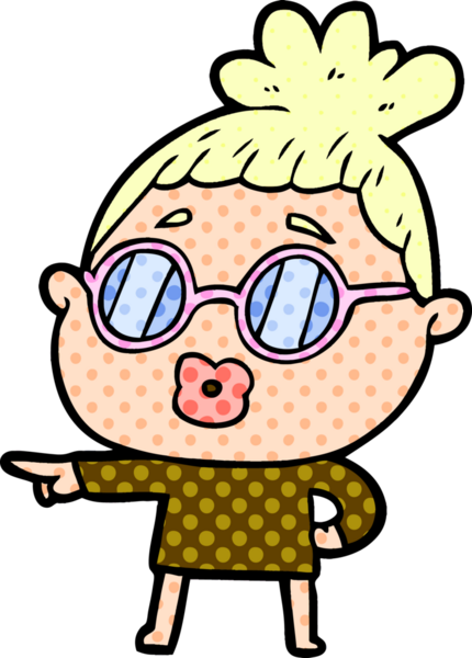 Bir insan tarafından çizilmiş gözlüklü bir karikatür kadın.