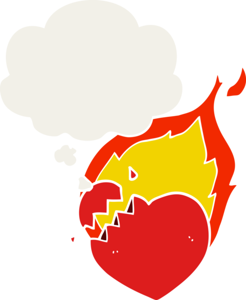 Düşünce baloncuğu ile yanan kalbi olan bir insan tarafından çizilmiş çizgi film.