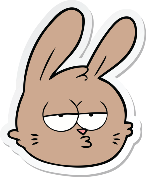 Bir insan tarafından çizilmiş yorgun tavşan suratlı karikatür çıkartması.