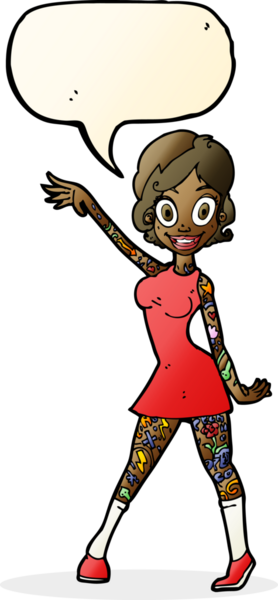 Bir insan tarafından çizilmiş, konuşma balonlu dövmeli bir karikatür kadın.