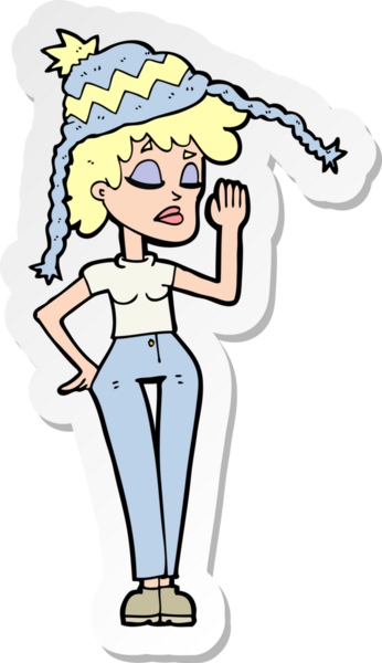 Bir insan tarafından çizilmiş kış şapkası takan bir karikatür kadının çıkartması.