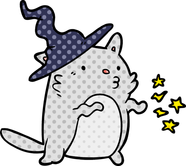 Bir insan tarafından çizilmiş büyüleyici çizgi film kedi sihirbazı.