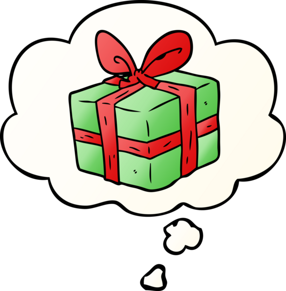 Bir insan tarafından çizilmiş, düşünce baloncuğuyla paketlenmiş çizgi film hediyesi.