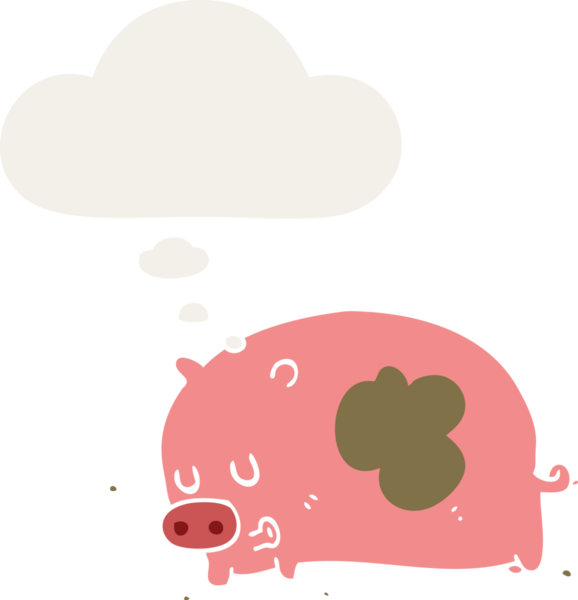 Bir insan tarafından çizilmiş düşünce baloncuklu şirin çizgi film domuzu.