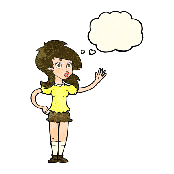 Bir insan tarafından çizilmiş düşünce baloncuğuyla ilgi bekleyen güzel bir kadın.