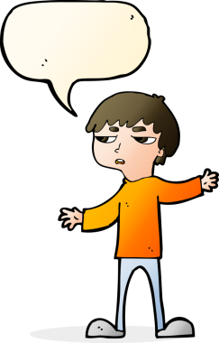 Bir insan tarafından çizilmiş konuşma baloncuğuyla sinirlenmiş bir çocuk.