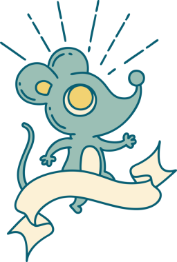 Bir insan tarafından çizilmiş dövme stili fare karakterli kaydırma pankartı