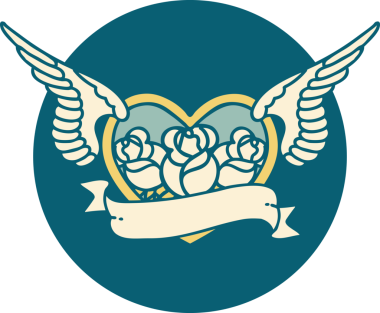 Bir insan tarafından çizilmiş çiçek ve bayrak ile uçan bir kalbin ikonik dövme görüntüsü