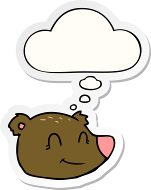 Mutlu ayı suratlı çizgi film. Düşünce baloncuğu insan tarafından çizilmiş bir çıkartma.