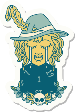 Ağlayan bir ozan ozan karakterinin çıkartması. Bir insan tarafından çizilmiş doğal bir D20 rulosu.