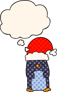 Çizgi roman tarzında bir insan tarafından çizilmiş düşünce baloncuğu olan penguen.