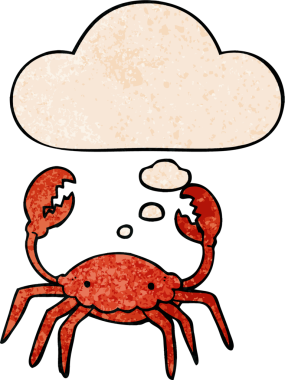 Düşünce baloncuklu çizgi film yengeci. Bir insan tarafından çizilmiş grunge doku tarzı.