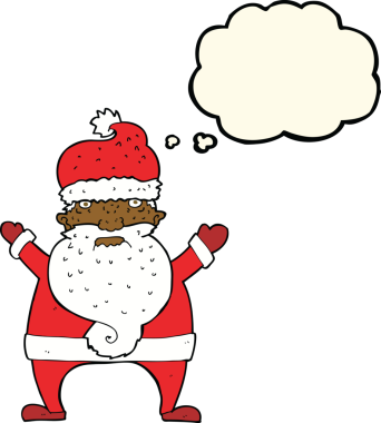 Bir insan tarafından çizilmiş düşünce baloncuklu çirkin noel baba.