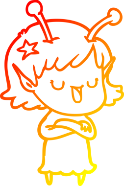 Bir insan tarafından çizilmiş mutlu bir uzaylı kız çizgi filmi.