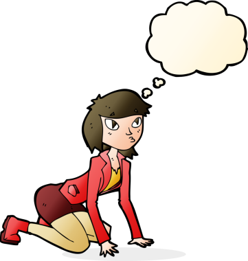 Bir insan tarafından çizilmiş düşünce baloncuğuyla elleri ve dizleri üzerinde çizgi film kadını.