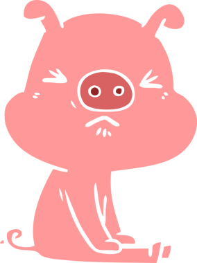 Düz renkli çizgi film karakteri. Kızgın domuz bir insan tarafından çizilmiş bekliyor.