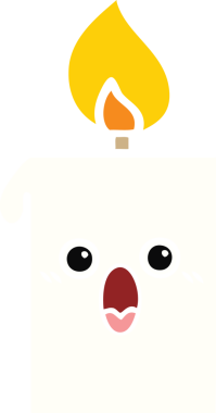 Bir insan tarafından çizilmiş yanan bir mumun düz renkli retro karikatürü