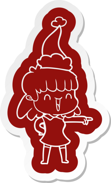 Bir insan tarafından çizilmiş Noel Baba şapkası giyen mutlu bir kızın garip çizgi film etiketi.