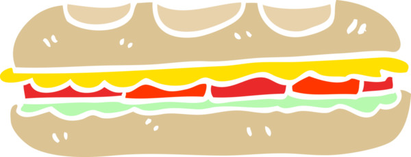 Bir insan tarafından çizilmiş düz renkli çizgi film lezzetli sandviç.