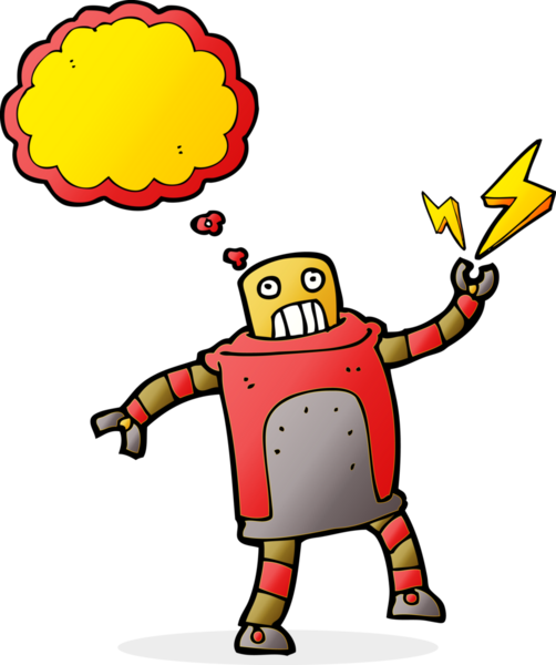 Bir insan tarafından çizilmiş düşünce baloncuklu çizgi film robotu