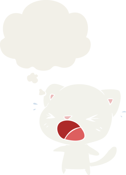 Bir insan tarafından çizilmiş düşünce baloncuğuyla ağlayan çizgi film kedisi.