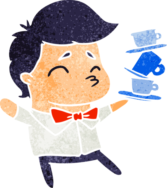 Bir insan tarafından çizilmiş sevimli bir garsonun eski çizgi film çizimi.