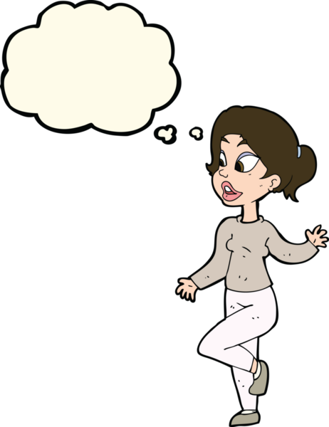 Karikatür dostu kadın bir insan tarafından çizilmiş düşünce balonuyla el sallıyor.