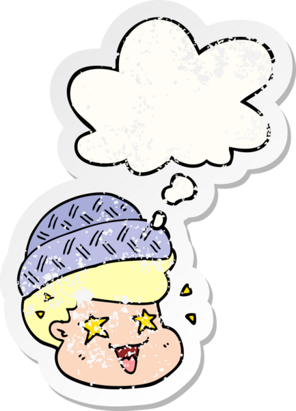Düşünce baloncuklu şapka takan çizgi film çocuğu bir insan tarafından çizilmiş yıpranmış bir çıkartma gibi.