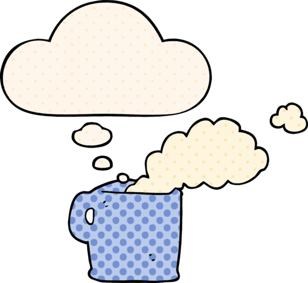 çizgi roman tarzında bir insan tarafından çizilmiş düşünce baloncuklu sıcak kahve.